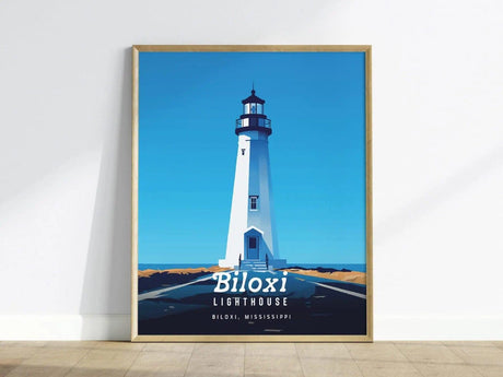 A framed poster of the Biloxi Lighthouse with a bold blue sky background, showcasing minimal vector art style and text reading Biloxi Lighthouse, Biloxi, Mississippi.