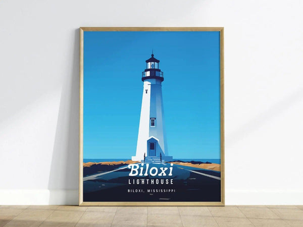 A framed poster of the Biloxi Lighthouse with a bold blue sky background, showcasing minimal vector art style and text reading Biloxi Lighthouse, Biloxi, Mississippi.