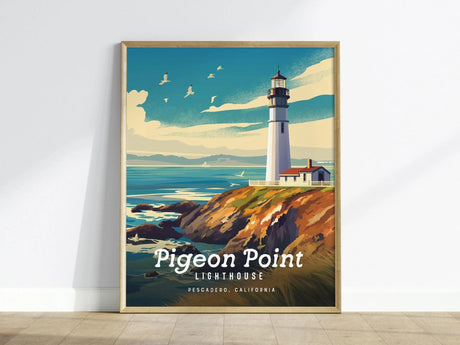 Framed poster of Pigeon Point Lighthouse on a cliff by the ocean, with seagulls flying in a blue sky, and text reading Pigeon Point Lighthouse, Pescadero, California.