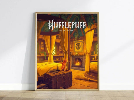 A framed poster depicts the cozy Hufflepuff dormitory with golden curtains, a warm fireplace, a cat on a trunk, and lush greenery. The Hufflepuff crest is displayed prominently.