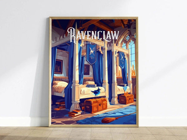 A framed poster depicts the Ravenclaw dormitory with elegant four-poster beds, royal blue drapery, and wooden trunks. A broom and books lie on the floor, enhancing the magical atmosphere.