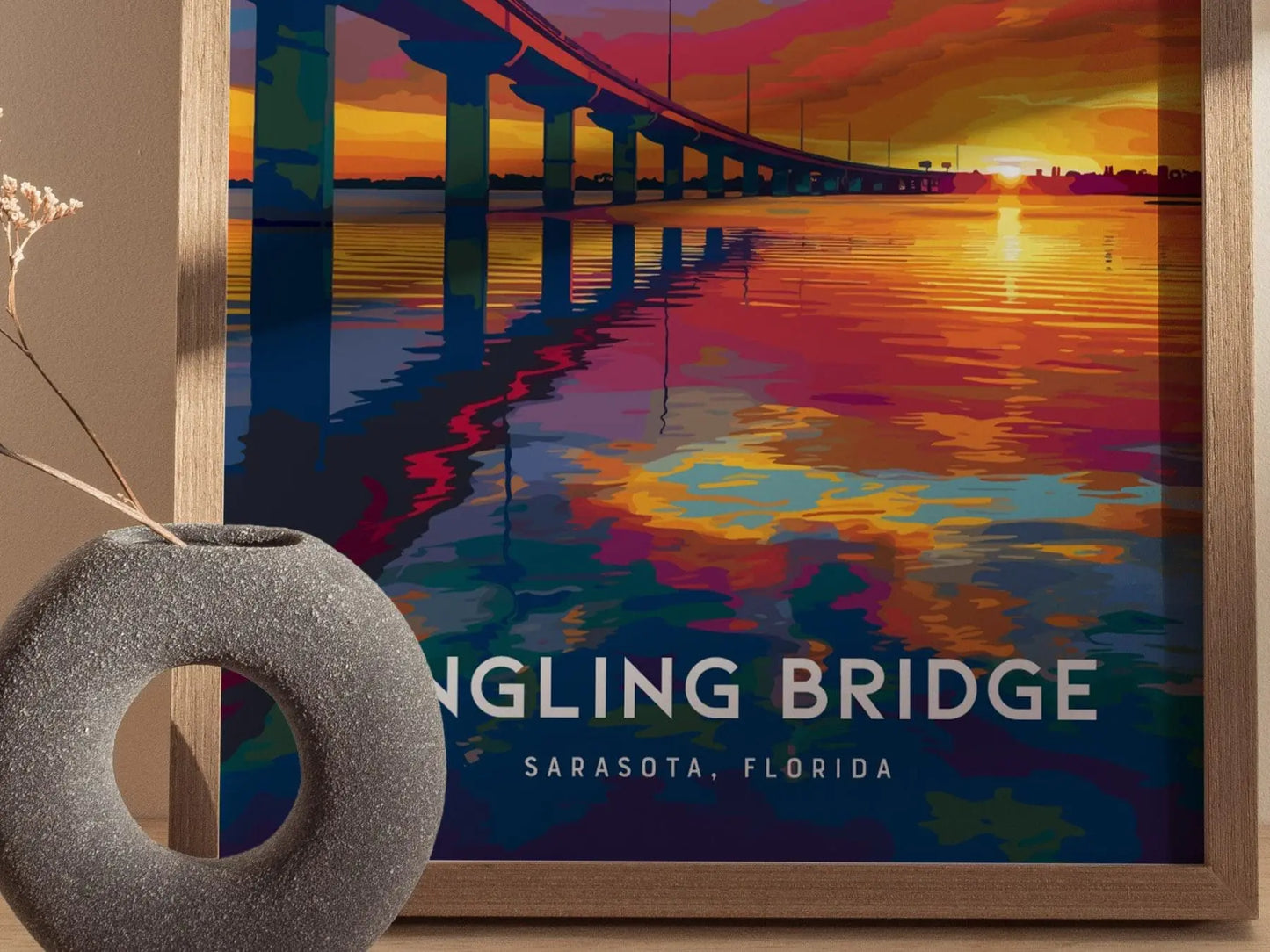 John Ringling Bridge, Sarasota, Florida Framed Wall Art - Causeway Lido Longboat Key Beach Poster Design Bay Sunset Travel Island Print Gift