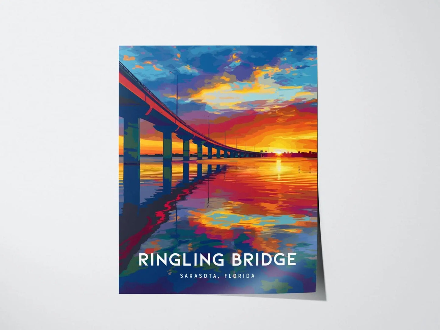 John Ringling Bridge, Sarasota, Florida Framed Wall Art - Causeway Lido Longboat Key Beach Poster Design Bay Sunset Travel Island Print Gift