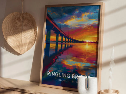 John Ringling Bridge, Sarasota, Florida Framed Wall Art - Causeway Lido Longboat Key Beach Poster Design Bay Sunset Travel Island Print Gift