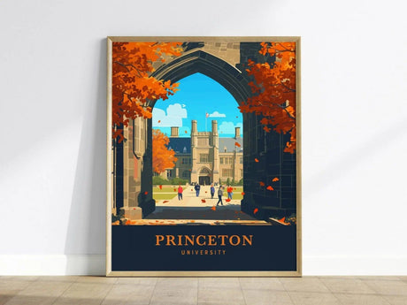 A vibrant illustration of Princeton University, showcasing Gothic Revival architecture framed by an arched entrance adorned with autumn leaves.