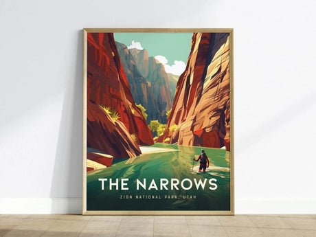 A vibrant poster of The Narrows in Zion National Park showcases a hiker navigating the Virgin River, flanked by towering red canyon walls and lush greenery.