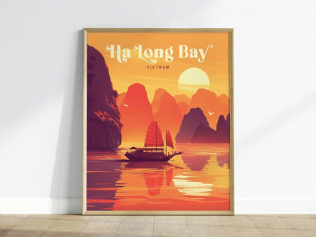 A vibrant poster depicting Ha Long Bay at sunset, featuring a traditional junk boat sailing on calm waters. Towering limestone islands are silhouetted against a warm orange and pink sky, capturing the serene beauty of Vietnams landscape.