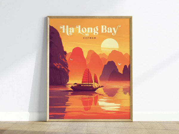 A vibrant poster depicting Ha Long Bay at sunset, featuring a traditional junk boat sailing on calm waters. Towering limestone islands are silhouetted against a warm orange and pink sky, capturing the serene beauty of Vietnams landscape.