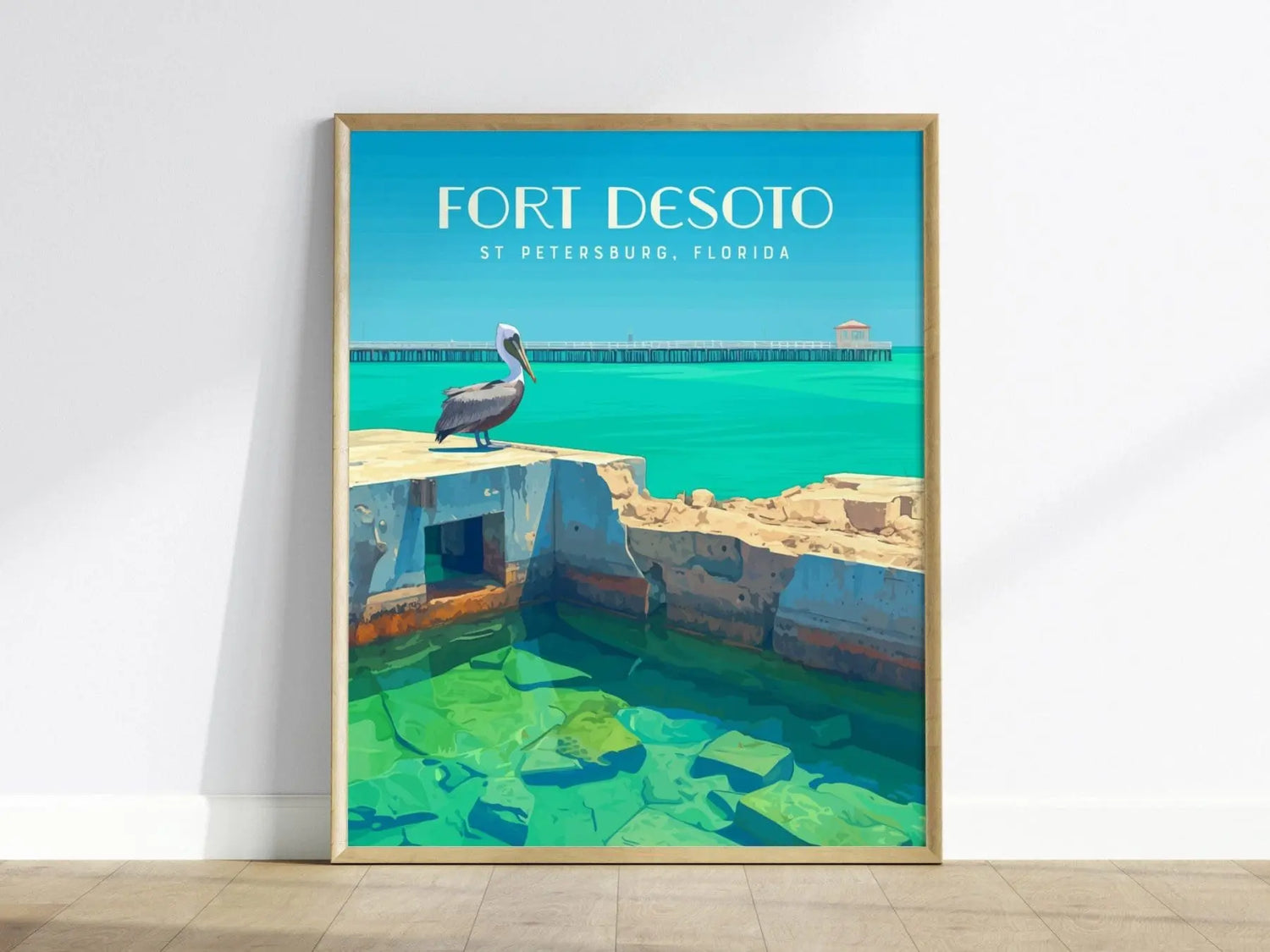 Fort Desoto State Park, St. Petersburg, Florida Framed Wall Art - St Pete Pelican Nature Poster Design Travel Print Beach House Decor Set - Swell Scenes