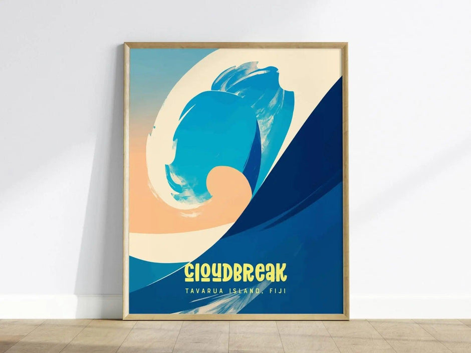 Cloudbreak Wave Travel Poster | Tavarua Island, Fiji, Wall Art Surfer Decor Surfing Gift Island Vacation Artwork Beach House Rental Staging - Swell Scenes