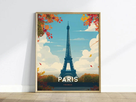 Eiffel Tower Paris poster with landmark framed by autumn leaves and open sky