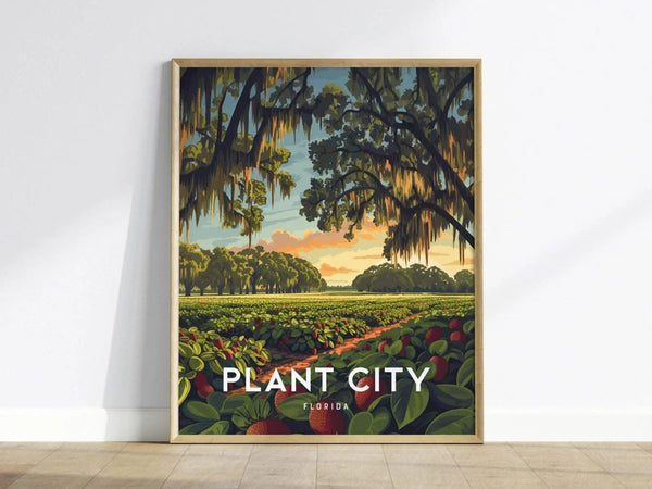A beautifully framed poster of Plant City, Florida, depicting a vibrant sunset over lush strawberry fields, with towering oak trees draped in Spanish moss. The artwork captures the serene beauty and charm of Floridas agricultural landscape.