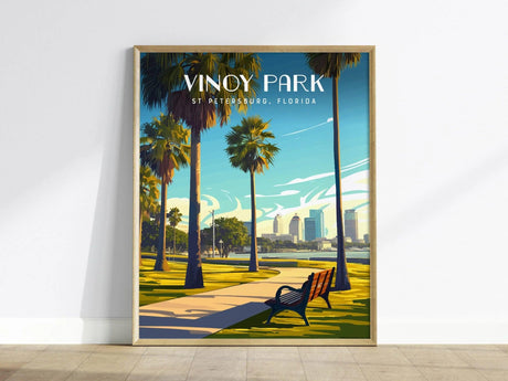 Vinoy Park St. Petersburg poster featuring waterfront pathway with Tampa Bay and downtown Florida skyline