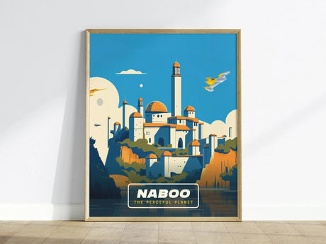 A framed travel poster of Naboo from Star Wars features a serene landscape with a majestic palace, lush greenery, and a bright blue sky.