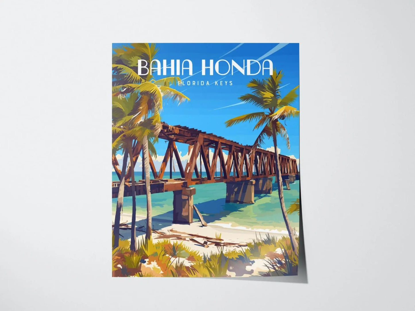 Bahia Honda Key State Park, Florida Keys Framed Wall Art - Bridge Beach Vacation Poster Design Travel Island Print Collection Home Decor Set