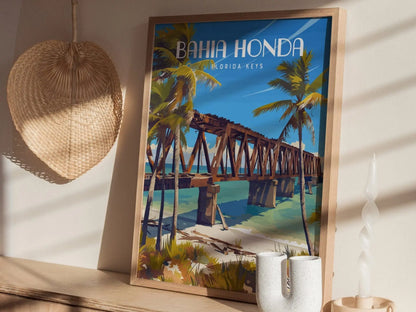 Bahia Honda Key State Park, Florida Keys Framed Wall Art - Bridge Beach Vacation Poster Design Travel Island Print Collection Home Decor Set