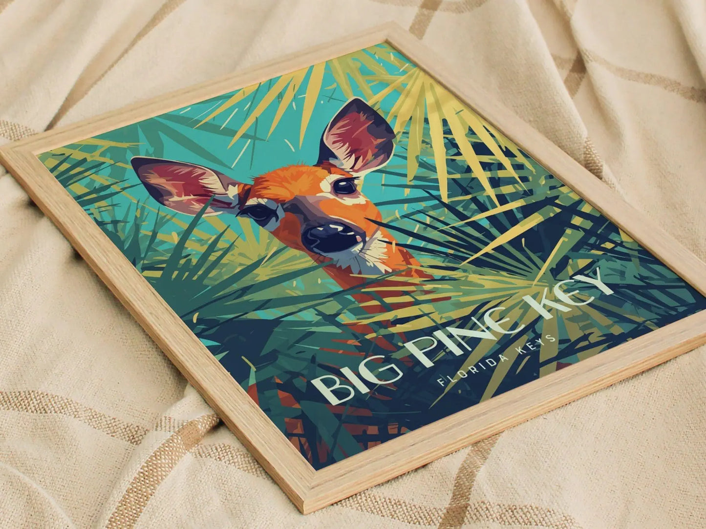 Big Pine Key, Florida Keys Framed Wall Art - Deer Palmettos Vacation Poster Design Travel Island Print Collection Home Beach Cottage Decor