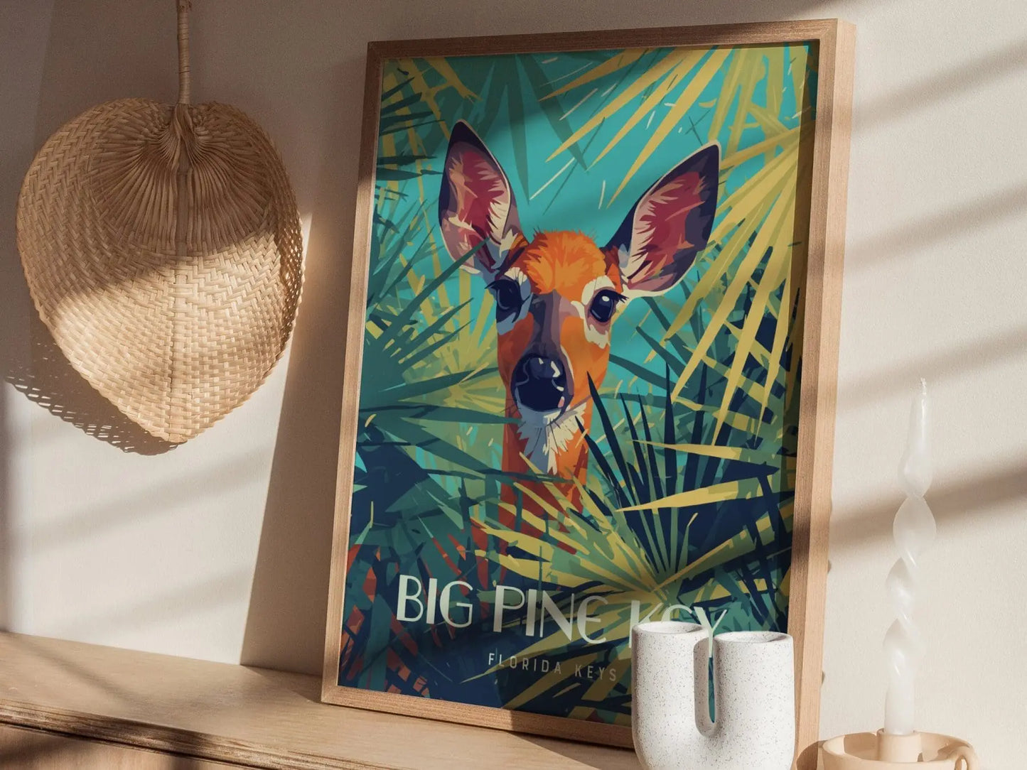 Big Pine Key, Florida Keys Framed Wall Art - Deer Palmettos Vacation Poster Design Travel Island Print Collection Home Beach Cottage Decor