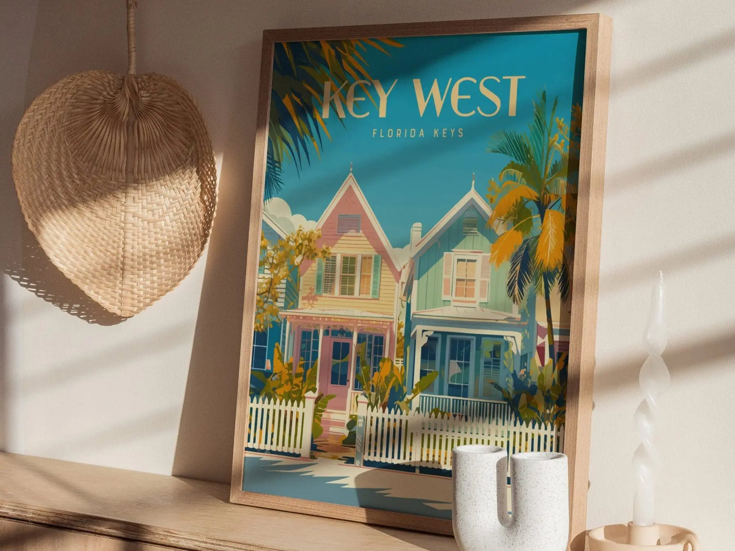 Key West, Florida Keys Framed Wall Art - Pastel Beach Cottages Vacation Rental Poster Design Travel Print Home Cottage Decor Collection Set