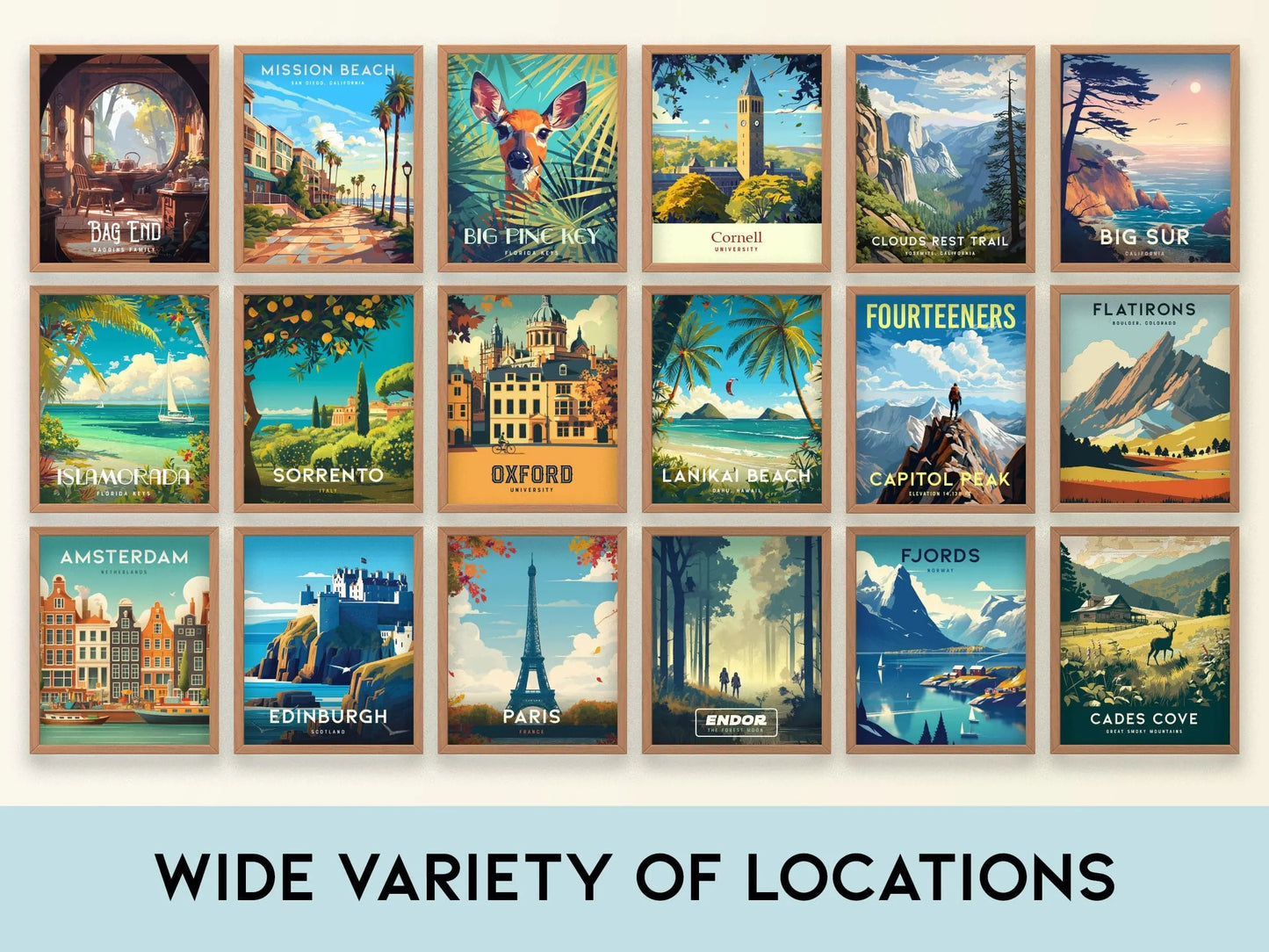 Pick 4 Wall Art Bundle - Framed Travel Poster, Location Prints, Home Office Staging Decor, Vacation Rental Artwork Collection Gift Set Sale