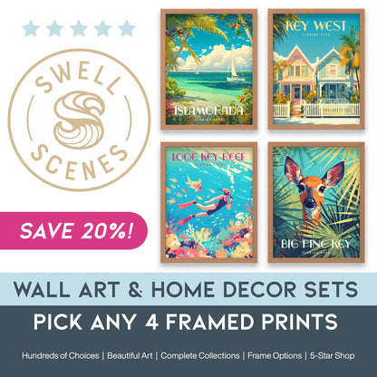 Pick 4 Wall Art Bundle - Framed Travel Poster, Location Prints, Home Office Staging Decor, Vacation Rental Artwork Collection Gift Set Sale