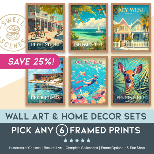 Pick 6 Framed Poster Bundle - Travel Prints, Location Wall Art, Home Office Staging Decor, Vacation Rental Artwork Collection Gift Set Sale