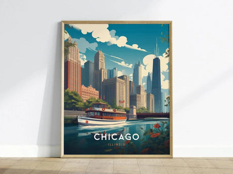 A vibrant art print featuring a scenic view of downtown Chicago, showcasing a boat on the river with iconic skyscrapers in the background.