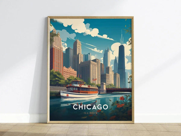 A vibrant art print featuring a scenic view of downtown Chicago, showcasing a boat on the river with iconic skyscrapers in the background.