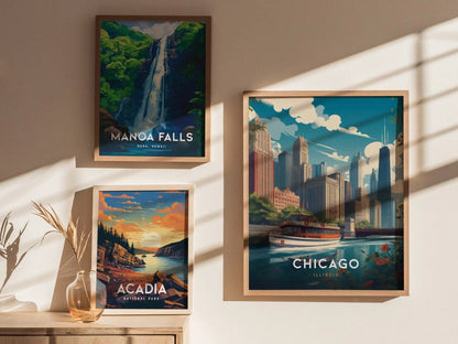 Chicago Framed Travel Poster, Chicago Poster Print, Chicago City Riverwalk Wall Art, Chicago Illinois Travel Poster, Traveler Home Decor