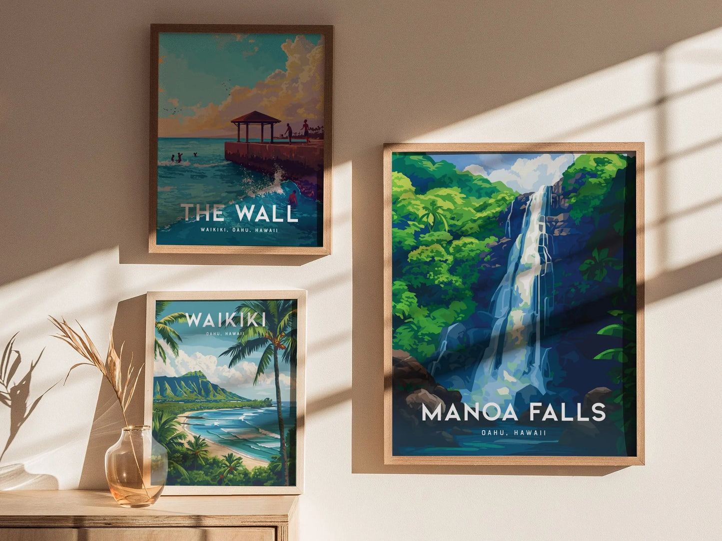 Manoa Falls, Oahu, Hawaii, Framed Art | Hawaiian Waterfall Hike Island Poster Design Travel Hiking Tropical Rental Home Decor Print Gift Set