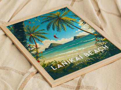 Lanikai Beach, Kailua, Oahu, Hawaii, Framed Art | Hawaiian Island Poster Design Travel Kite Surfer Tropical Rental Home Decor Print Gift Set