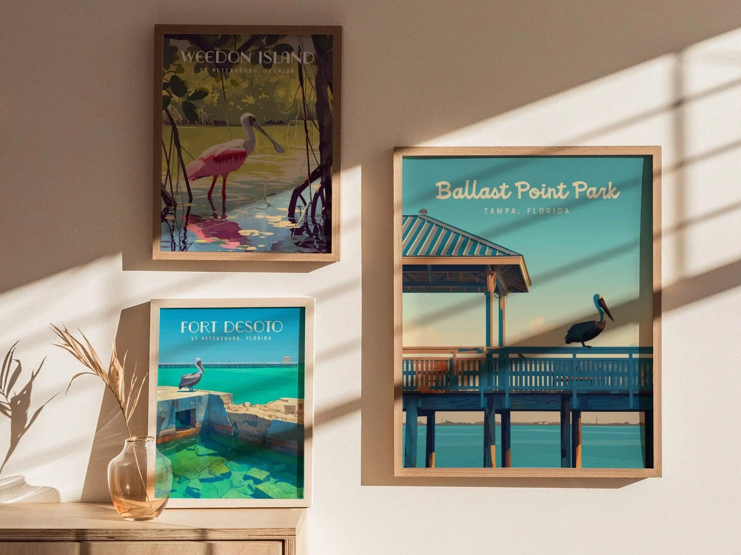 Ballast Point Park, Tampa, Florida Framed Wall Art, Hillsborough Bay Fishing Pier Pelican Poster Design Travel Print Beach Home Decor Set