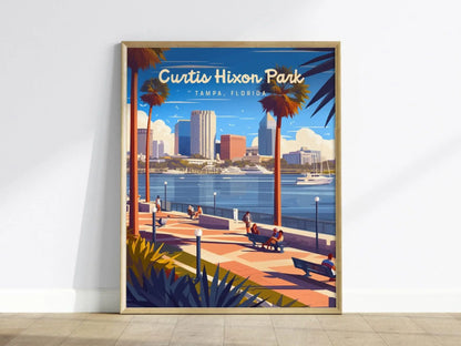 Curtis Hixon Park, Tampa, Florida Framed Wall Art, Downtown Tampa City Hillsborough River Boats Poster Design Travel Print Home Decor Set