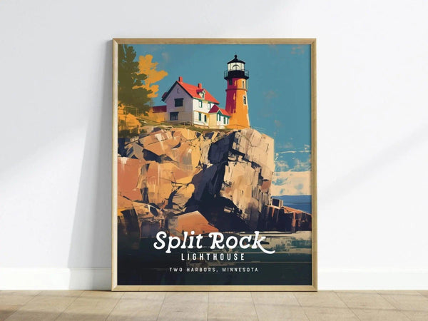 A framed poster of Split Rock Lighthouse, featuring a vibrant illustration of the lighthouse perched on rocky cliffs under a blue sky, with the text Two Harbors, Minnesota.
