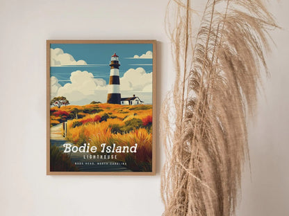 Bodie Island Lighthouse, North Carolina - Outer Banks Beacon Poster | Trendy Travel Poster for Airbnb Home Decor Living Room Bathroom Gift