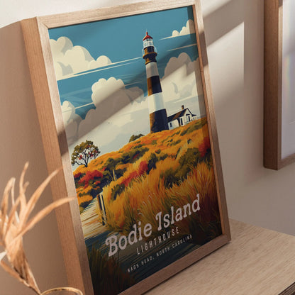 Bodie Island Lighthouse, North Carolina - Outer Banks Beacon Poster | Trendy Travel Poster for Airbnb Home Decor Living Room Bathroom Gift