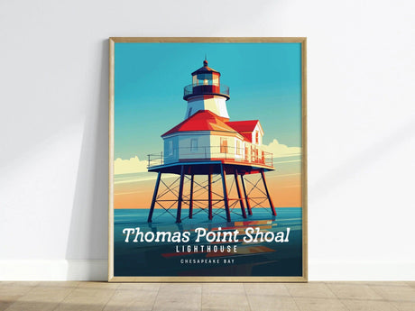 A framed poster of Thomas Point Shoal Lighthouse against a vibrant sky and sea backdrop, showcasing bold colors and contemporary design. The text reads Thomas Point Shoal Lighthouse Chesapeake Bay.