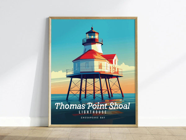 A framed poster of Thomas Point Shoal Lighthouse against a vibrant sky and sea backdrop, showcasing bold colors and contemporary design. The text reads Thomas Point Shoal Lighthouse Chesapeake Bay.