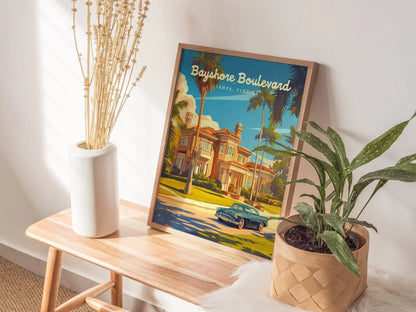 Bayshore Boulevard, Tampa, Florida Framed Wall Art, Hillsborough Bay Mansion Real Estate Poster Design Travel Print Beach Home Decor Set