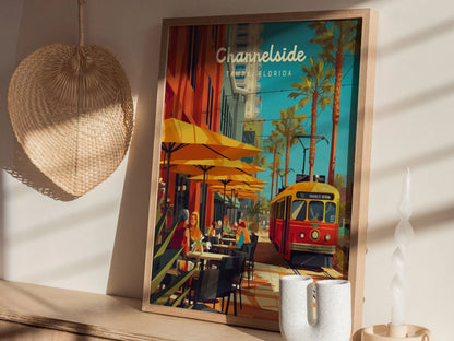 Channelside, Tampa, Florida Framed Wall Art, Downtown Tampa Bay District Trolley Design Travel Print Urban Central FL Home Decor Set