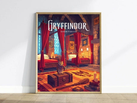 A framed poster shows a cozy room with red curtains, a bed, candles, and an owl on a trunk. The text Gryffindor Dormitories is prominently displayed.
