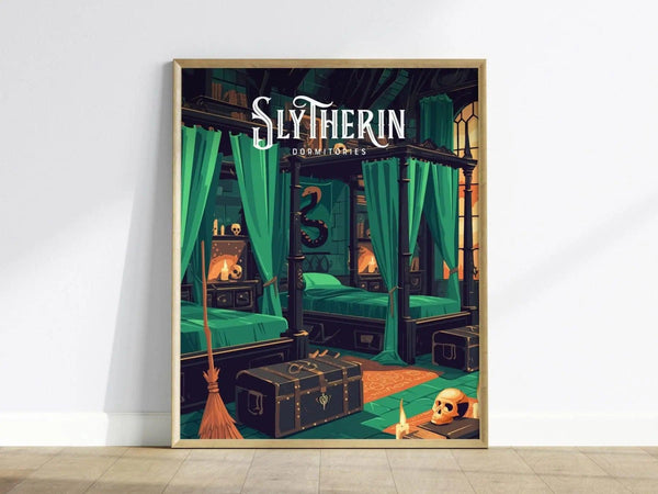A vibrant poster depicting the Slytherin dormitories from Harry Potter, featuring green-draped four-poster beds, a broom, ancient books, and a skull, all set in an atmospheric dungeon with emerald.