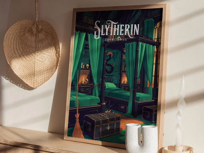 Slytherin Dormitories, Hogwarts Castle, Harry Potter Framed Wall Art | Dorm Poster Print Malfoy Fan Dark Academia Witchy Home Decor Gift Set