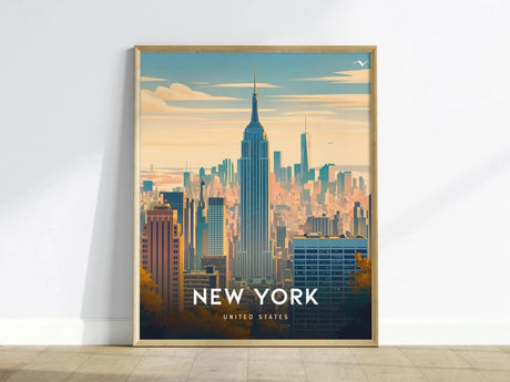 A framed poster featuring a vibrant illustration of the New York City skyline, highlighting iconic buildings like the Empire State Building.