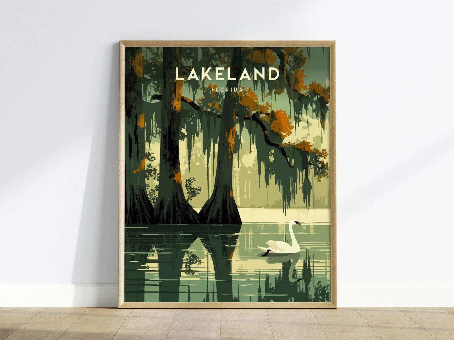 Lakeland, Florida Framed Wall Art - Lake Hollingsworth Mirror Swan Cypress Trees Poster Design Travel Print Collection Home Office Decor