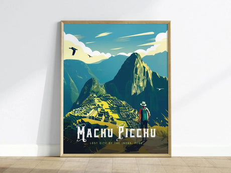 Framed poster featuring an illustrated view of Machu Picchu with a hiker in the foreground, vibrant blue skies, and soaring birds.