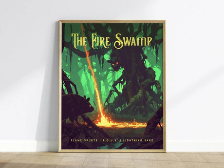 A framed poster titled The Fire Swamp features a dark, mystical forest scene with glowing eyes in the trees and fiery ground elements. Text below reads Flame Spurts | R.O.U.S.