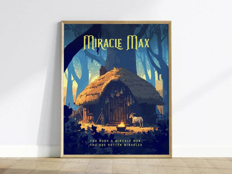 A framed poster of Miracle Max features a rustic hut in a forest with a goat and cauldron outside, under vibrant blue and yellow hues.