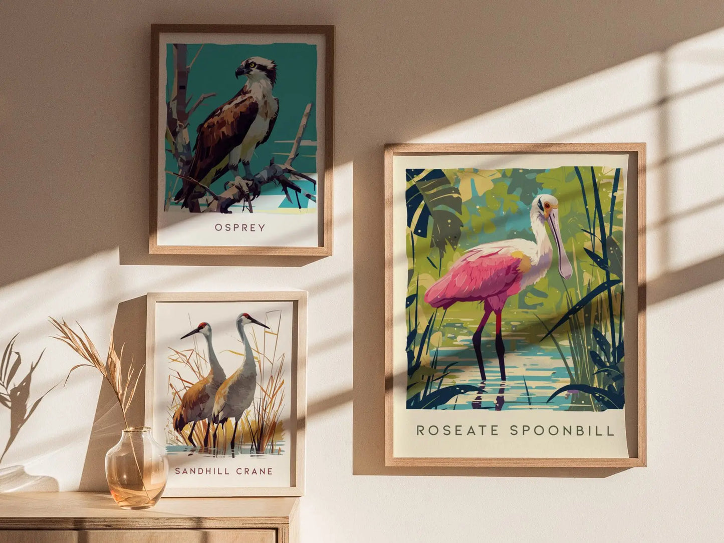 Roseate Spoonbill, Florida Birds Wildlife Framed Wall Art - Flamingo Tropical Bird Poster Design Travel Print Home Beach Cottage Decor Set