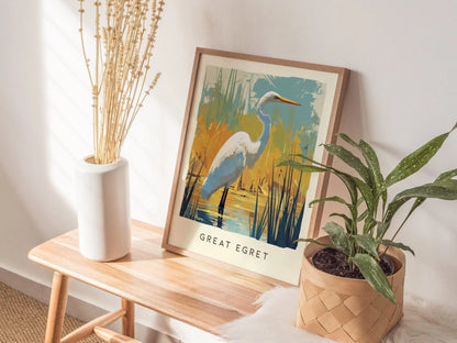 Great Egret, Florida Birds Wildlife Framed Wall Art - Native Bird Nature Poster Design Travel Print Lake Home Beach Cottage Birder Decor Set